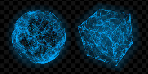 Abstract vector mesh sphere and cube. Blue glowed futuristic 3d shapes. Plexus lines illustration. Technology design.