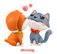 Puppy And Kitten. Valentine's Day Illustration. 3d Vector Icon