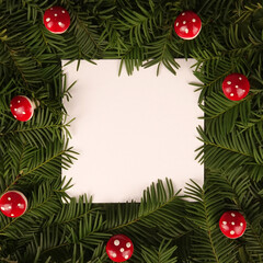 Wall Mural - Trendy seasonal conifer Christmas tree green leaves text frame background