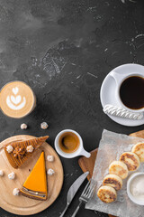 Wall Mural - cup of espresso, cappuccino and americano coffee and desserts Flat lay composition