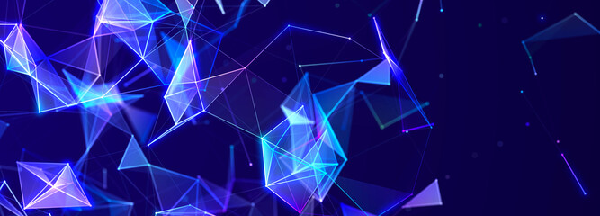 Leinwandbilder - Abstract polygonal space with connecting dots and lines. Dark background. Connection structure. 3d Widescreen