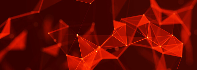 Wall Mural - Connection of dots and lines structure on dark background. Red abstract polygonal space. 3d Widescreen
