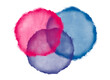 3 sich überschneidende Aquarellflecken in pinker und blauer Farbe. Tupfer und Tropfen auf weißem Hintergrund.