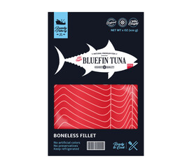 Wall Mural - Vector tuna packaging design. Flat style seafood label. Raw tuna fillet in a package isolated on a white background