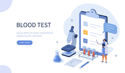 Doctor Scientist in Medical Laboratory Analyzing Blood Samples. Blood Test and Laboratory Research Concept. Flat Isometric Vector Illustration.