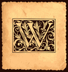 Black initial letter W with Baroque decorations in vintage style on an old paper background. Beautiful ornate capital letter W suitable for greeting card, invitation, monogram, logo, emblem