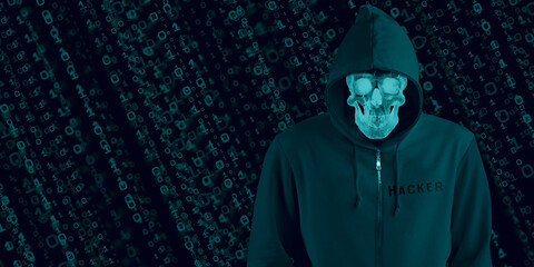 Wall Mural - Hacker in black hood on binary background Code containing a binary stream and a security condition