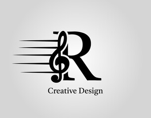 Wall Mural - Key Note R Letter Logo Vector. Music Note On Initial R Design.