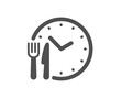 Food time icon. Meal order clock sign. Restaurant opening hours symbol. Quality design element. Flat style food time icon. Editable stroke. Vector