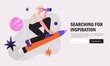 © KPstudio - Woman designer flying on pencil . Creative or educational process banner, ad, landing page or poster for web design studio, startup or courses. Generating ideas, imagination, inspiration concept.