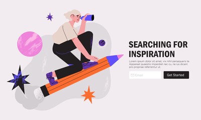 Wall Mural - woman designer flying on pencil . creative or educational process banner, ad, landing page or poster