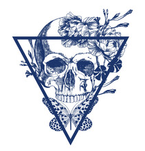 Blue Skull With Flowers And Butterfly On Inverted Triangle In Vintage Style Illustration