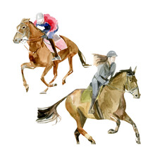 Group Of Riders Girl And Man Riding Their Horses In Derby. Jockey And Horse Race Competition Watercolor Vector Painting Illustration.