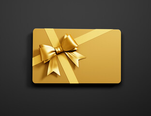 golden credit or gift card with golden ribbon isolated on dark background - 3d illustration