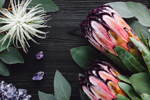 Protea Flowers With Eucalyptus, Tillandsia And Amethyst Crystals