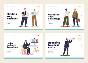 Set of landing pages with business consultation and strategy of development concept