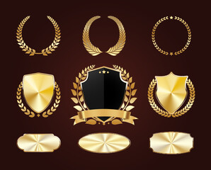set of golden shields. luxury gold labels. glossy metal badges. collection of seals, laurel, ribbon