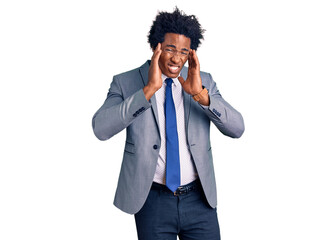 Canvas Print - Handsome african american man with afro hair wearing business jacket with hand on head, headache because stress. suffering migraine.