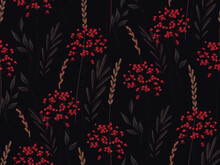 Seamless Pattern With Wildflowers. Various Dry Plants, Dark Foliage And Bright Red Flowers. Black Background. Vector Illustration With Imitation Of Watercolor.