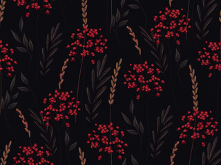seamless pattern with wildflowers. various dry plants, dark foliage and bright red flowers. black ba
