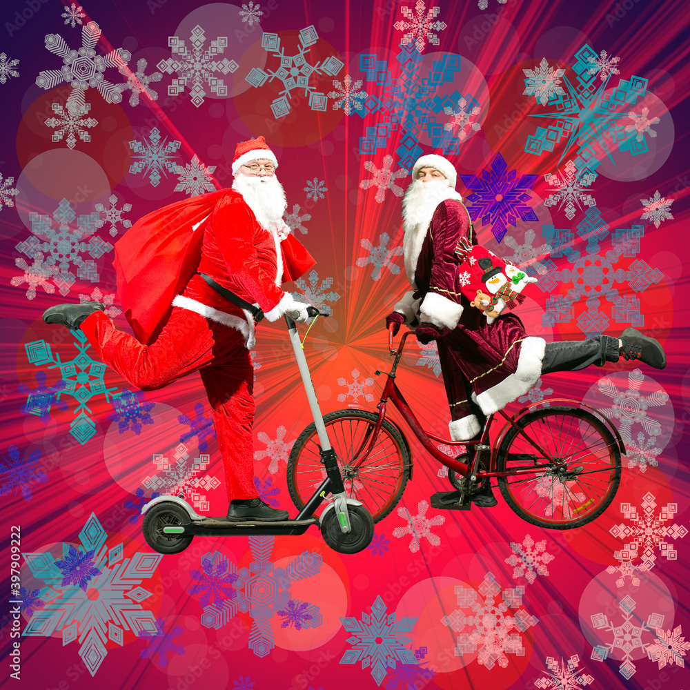Santa Ride Design Meeting of two Santa Clauses. Santa Claus rides a scooter. Ded Moroz ...