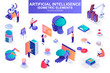 © alexdndz - Artificial intelligence bundle of isometric elements. Electronic brain, cyborg, deep learning, futuristic technology, robot isolated icons. Isometric vector illustration kit with people characters.