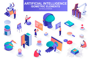 Fototapete - Artificial intelligence bundle of isometric elements. Electronic brain, cyborg, deep learning, futuristic technology, robot isolated icons. Isometric vector illustration kit with people characters.