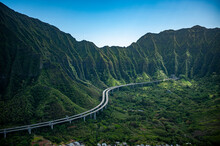 Aerial H-3 H3 Intrastate Highway Oahu Hawaii With Tunnel