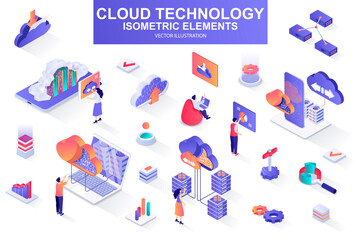 Leinwandbilder - Cloud technology bundle of isometric elements. Server rack, hosting provider, information network, data storage, cloud database isolated icons. Isometric vector illustration kit with people characters