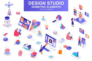 Leinwandbilder - Design studio bundle of isometric elements. Ui UX design, font typography, front end development, interface design, website prototyping isolated icons. Isometric vector illustration kit with people.