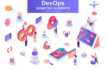 Leinwandbilder - DevOps bundle of isometric elements. Startup launch, software development, deployment and testing, automation and programming isolated icons. Isometric vector illustration kit with people characters.