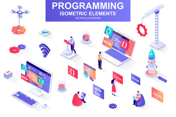Leinwandbilder - Programming bundle of isometric elements. Developer working, program languages, software engineering, full stack development isolated icons. Isometric vector illustration kit with people characters.