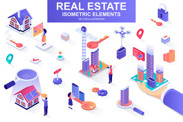 Leinwandbilder - Real estate bundle of isometric elements. Skyscraper, office center, real estate agency, realtor with key, downtown architecture isolated icons. Isometric vector illustration with people characters.