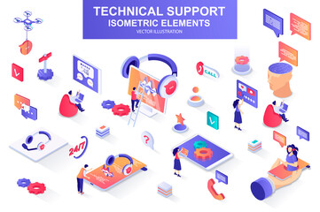 Leinwandbilder - Technical support bundle of isometric elements. Chatbot, call center operator, headset, hotline consultant, online assistance isolated icons. Isometric vector illustration kit with people characters.