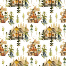 Seamless Pattern With Watercolor Cozy Houses And Cabins In The Forest, Hand Drawn On White Background