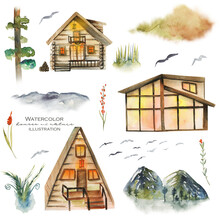 Collection Of Watercolor Forest Houses, Cottages And Nature Elements, Hand Drawn Isolated Illustration On White Background
