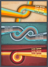 Retro Banners, Vector Geometric Backgrounds Of Abstract Circles, Grunge Stripes And Lines, Infinity Symbol Or Endless Loop With Halftone Effect. Vintage Posters, Brochures Or Cards With Text Layouts