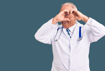 Wall Mural - Senior handsome grey-haired man wearing doctor coat and stethoscope doing heart shape with hand and fingers smiling looking through sign