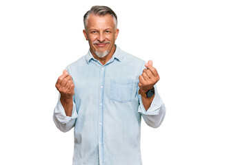 Canvas Print - Middle age grey-haired man wearing casual clothes doing money gesture with hands, asking for salary payment, millionaire business