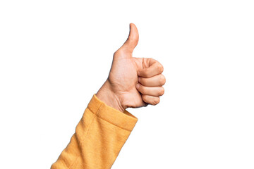 Hand of caucasian young man showing fingers over isolated white background doing successful approval gesture with thumbs up, validation and positive symbol