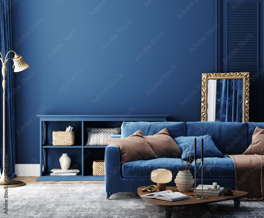Dark blue home interior background, modern style, 3d render - obrazy, fototapety, plakaty 