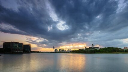Wall Mural - Footage of Timelapse a Moving cloud during sunset near the building and bridge.