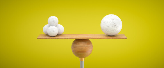 Wall Mural - wooden scale balancing one big ball and four small ones on colorful background