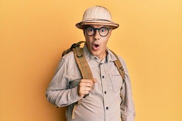 Wall Mural - Middle age bald man wearing explorer hat and backpack scared and amazed with open mouth for surprise, disbelief face