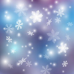 Wall Mural - flying snow flakes and stars on blue background. Breathtaking winter silver snowflake overlay template. Eps10