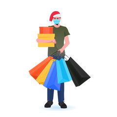 Wall Mural - man in santa hat holding shopping bags guy wearing masks to prevent coronavirus pandemic new year christmas holidays celebration concept full length vector illustration