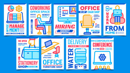 Wall Mural - Office Working Process Promo Posters Set Vector. Coworking Office Space And Online Work From Home, Hiring Agency And Corporate Conference Advertise Banners. Concept Template Style Color Illustrations