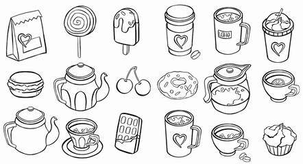  Tea, coffee, pastry icons. line set symbol. icon