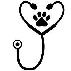 stethoscope silhouette with animal paw print icon on white background. flat style. veterinary medicine logo. medical and health care sign.