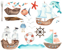 Watercolor Children Water Transport Elements: Ships, Boat, Submarine, Yacht, Sailboat, Lighthouse, Whale, Dolphin, Steering Wheel, Seagulls, Spray
